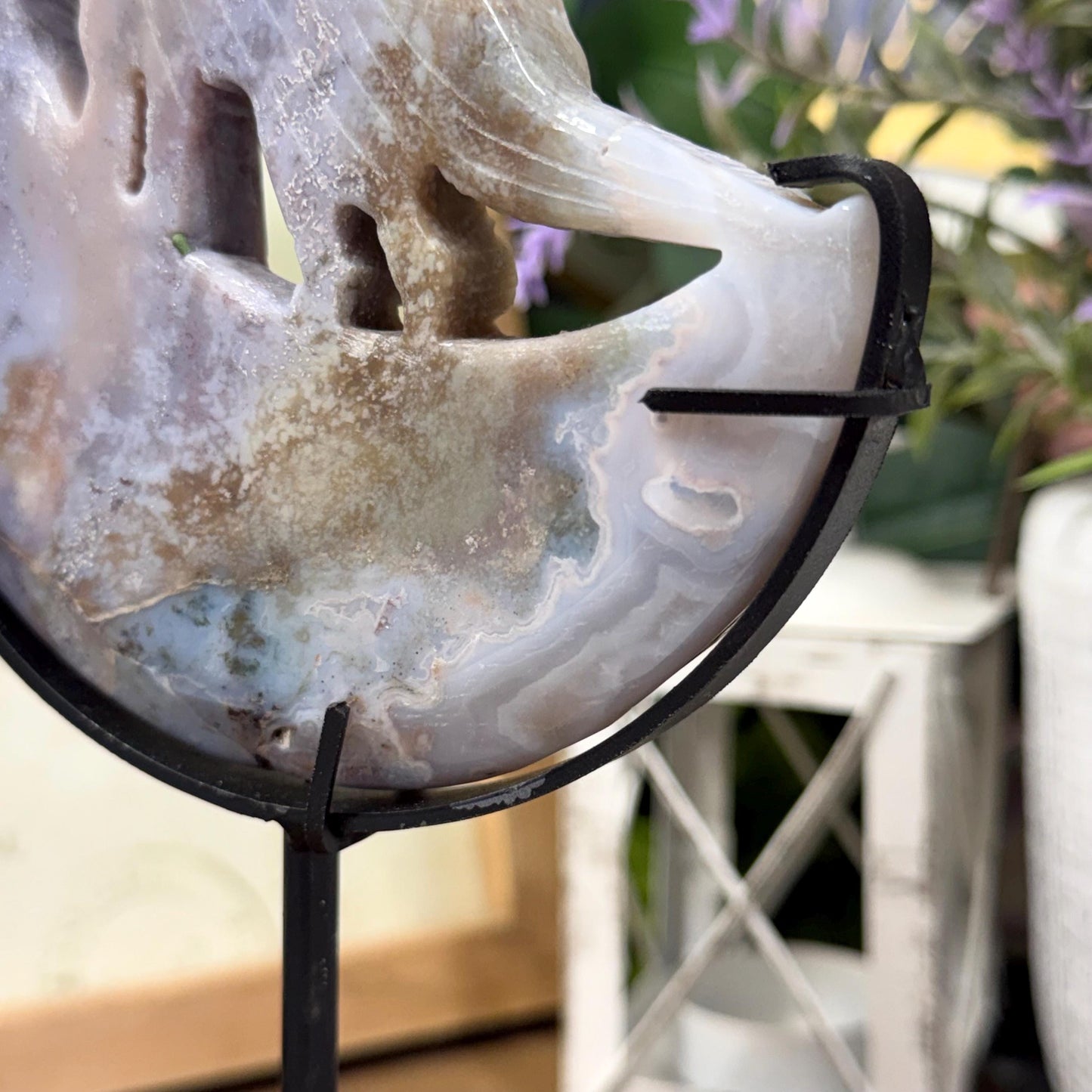 Sea Jasper Howling Wolf on Stand | Crystal Wolf Carving | Crystal Moon | Colorful Agate