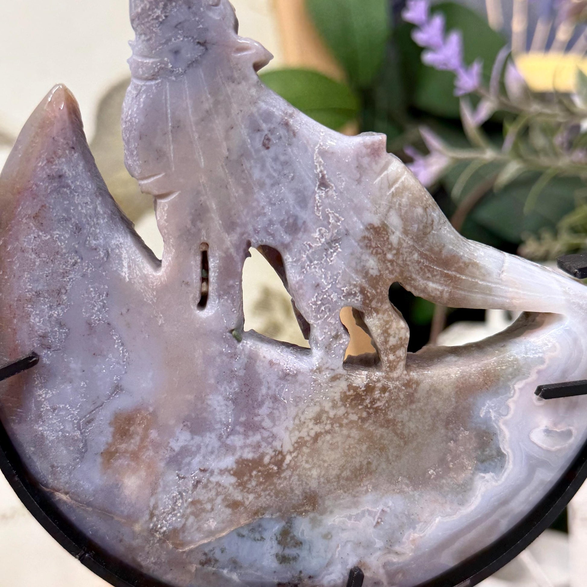 Sea Jasper Howling Wolf on Stand | Crystal Wolf Carving | Crystal Moon | Colorful Agate