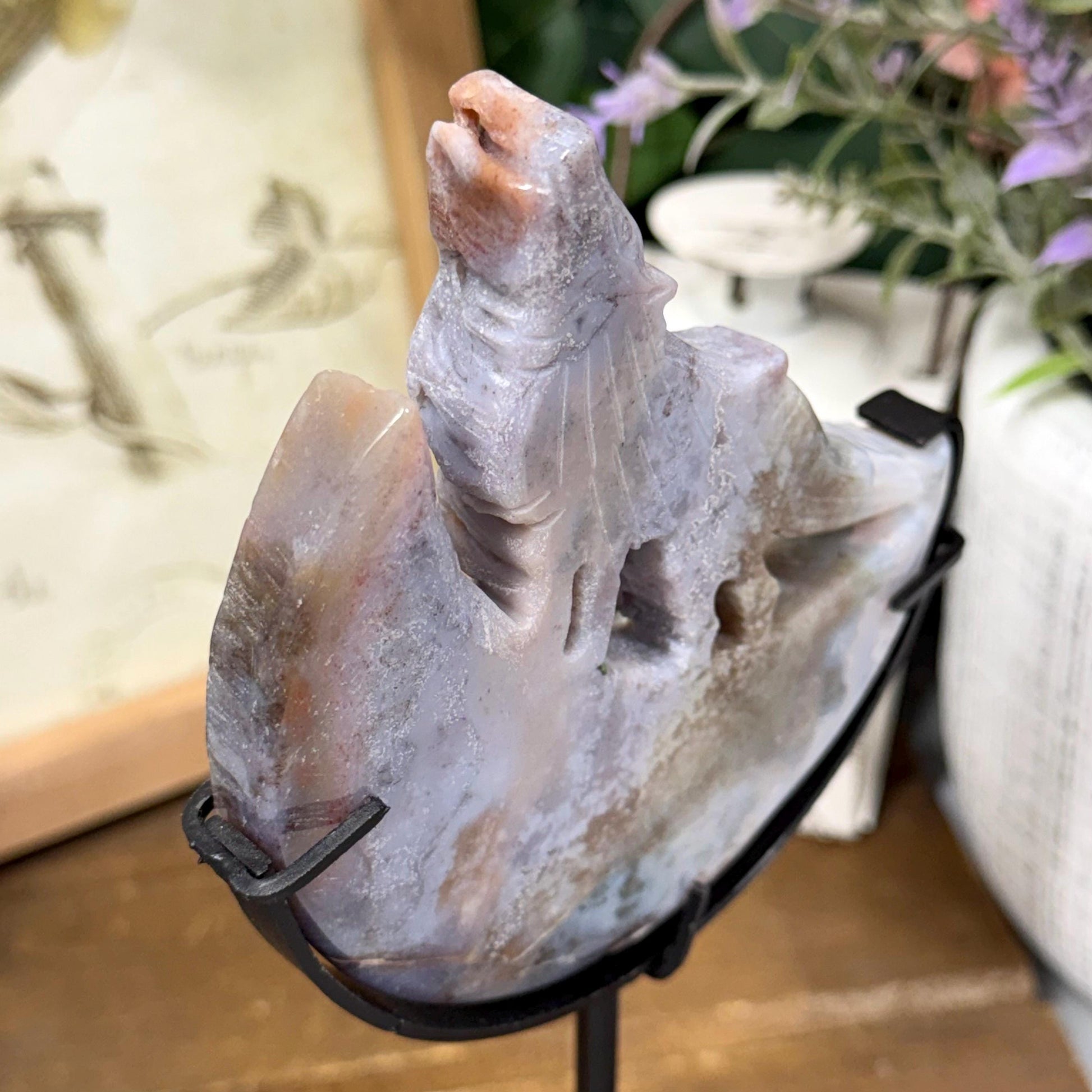 Sea Jasper Howling Wolf on Stand | Crystal Wolf Carving | Crystal Moon | Colorful Agate
