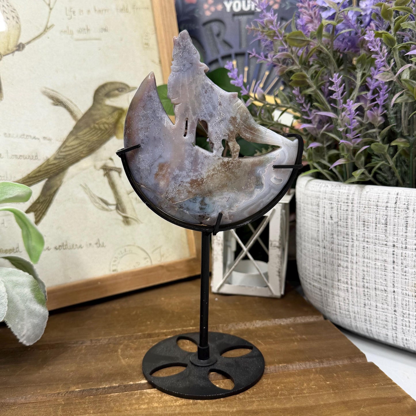 Sea Jasper Howling Wolf on Stand | Crystal Wolf Carving | Crystal Moon | Colorful Agate