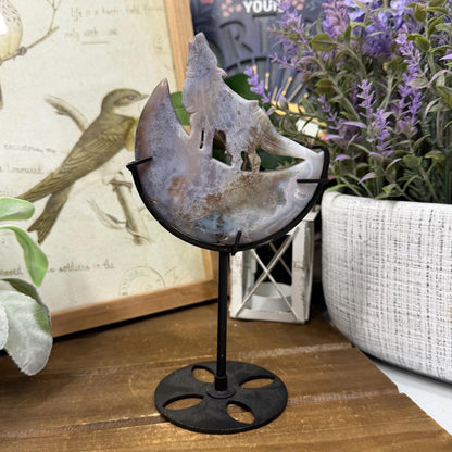 Sea Jasper Howling Wolf on Stand | Crystal Wolf Carving | Crystal Moon | Colorful Agate