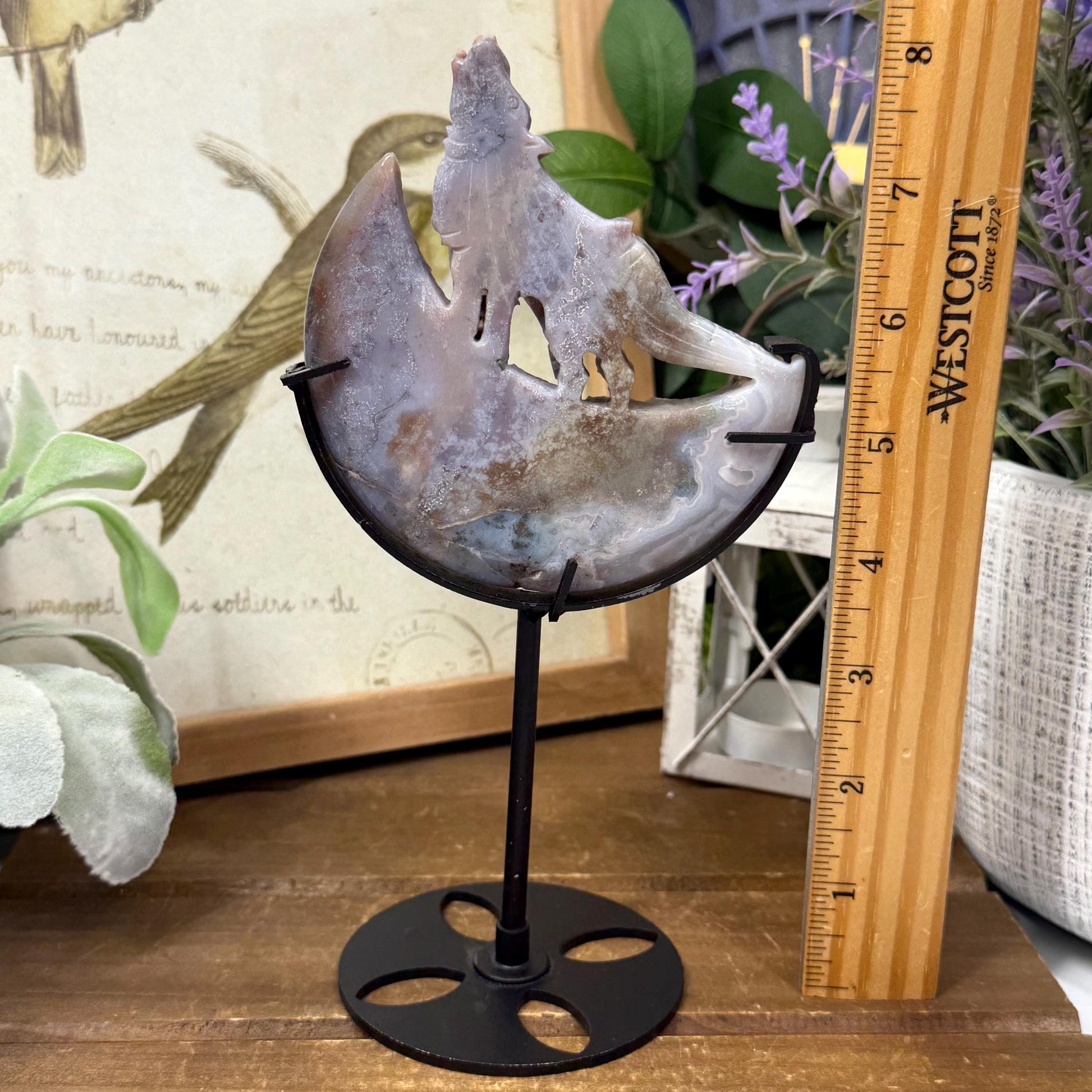 Sea Jasper Howling Wolf on Stand | Crystal Wolf Carving | Crystal Moon | Colorful Agate