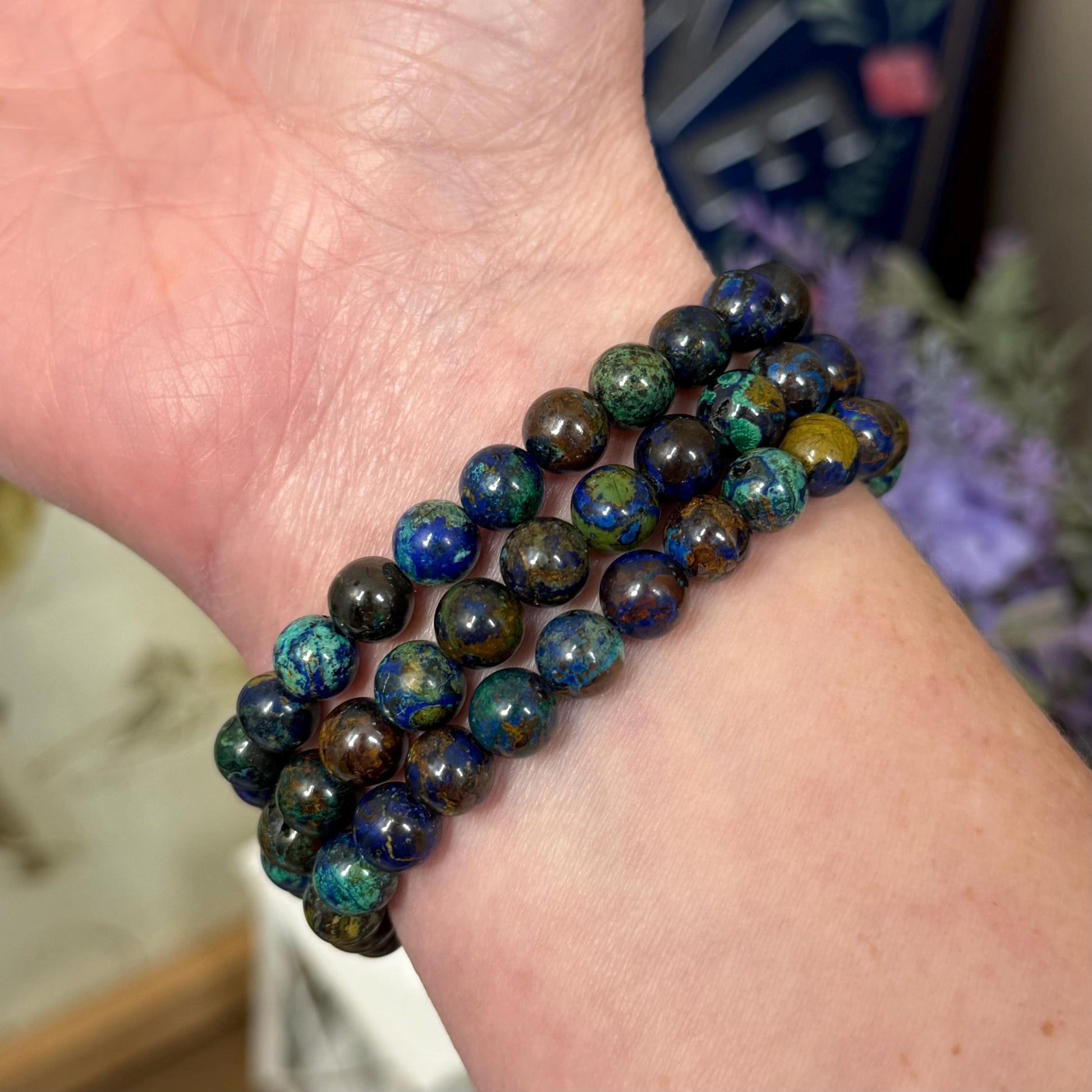 Malachite and Azurite Crystal Bracelet | 7mm Crystal Beads