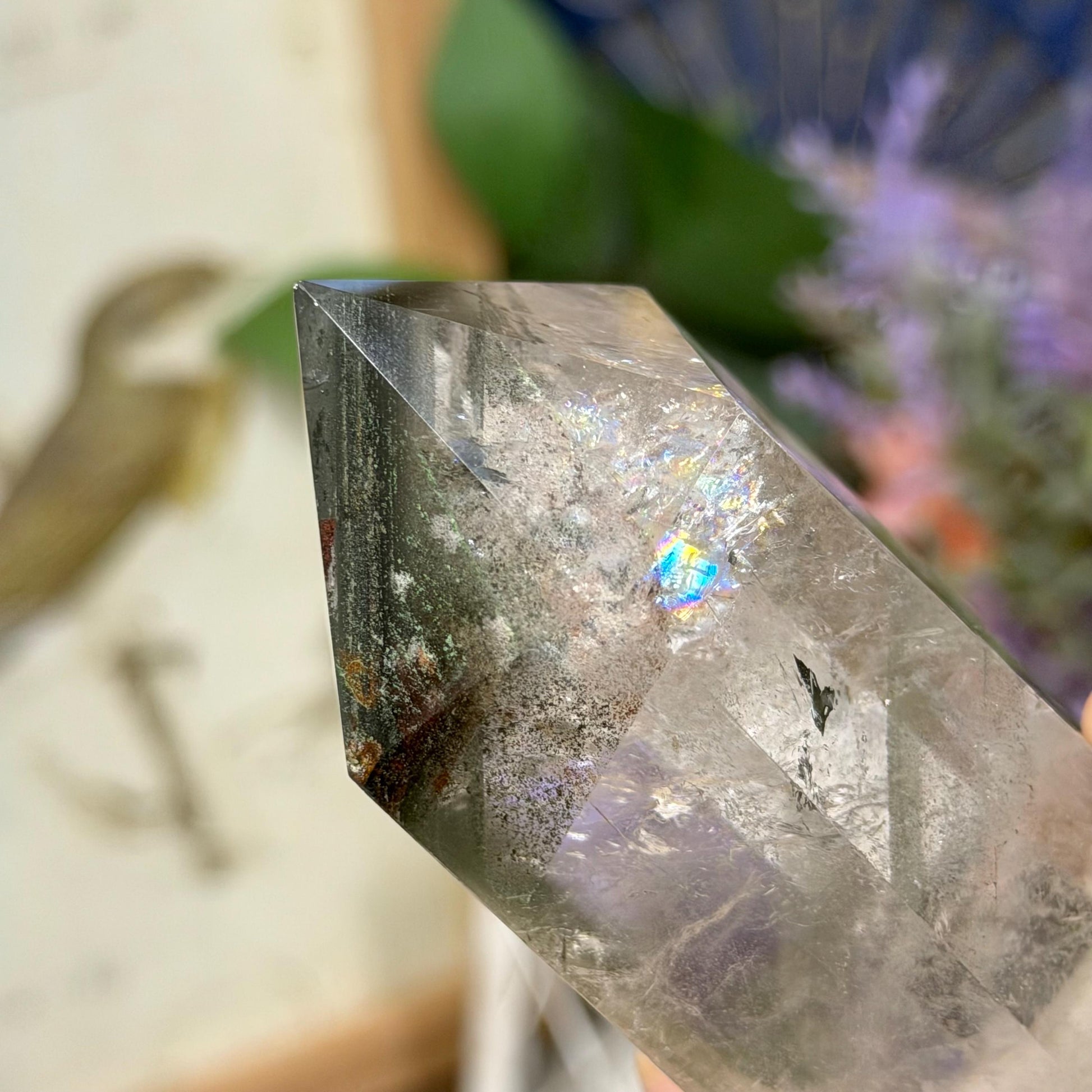 Scenic Lodolite Quartz Tower with Rainbows | Garden Quartz | Green Chlorite Quartz | Chlorite Phantoms | Rainbow Quartz