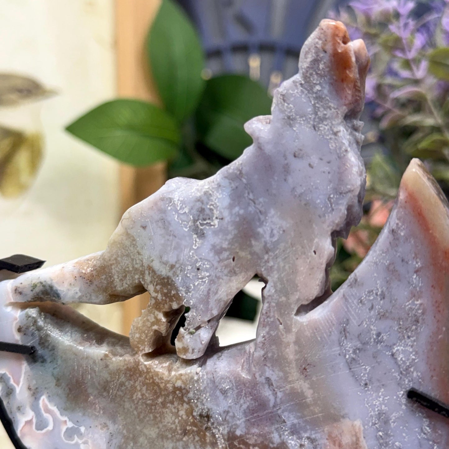 Sea Jasper Howling Wolf on Stand | Crystal Wolf Carving | Crystal Moon | Colorful Agate
