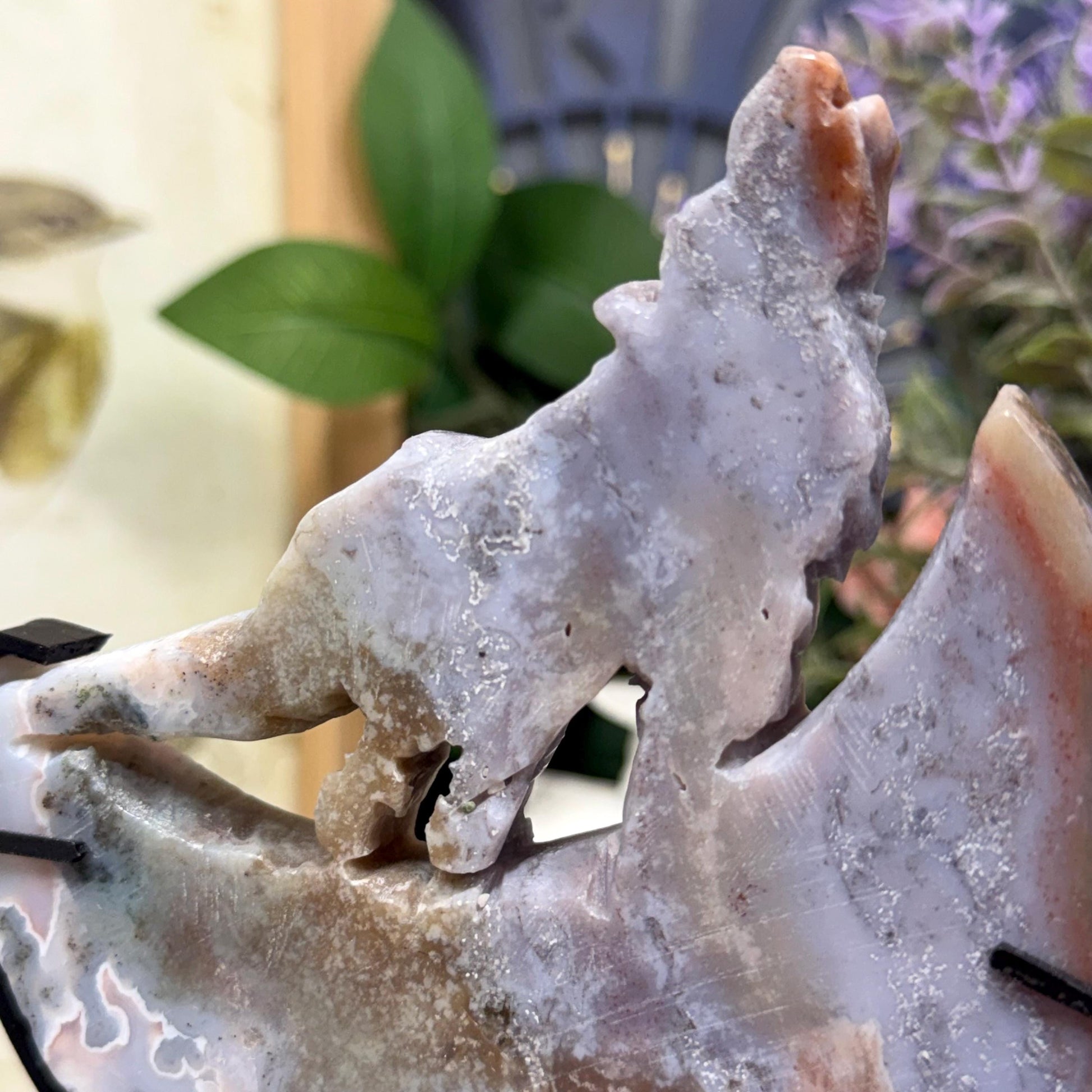 Sea Jasper Howling Wolf on Stand | Crystal Wolf Carving | Crystal Moon | Colorful Agate