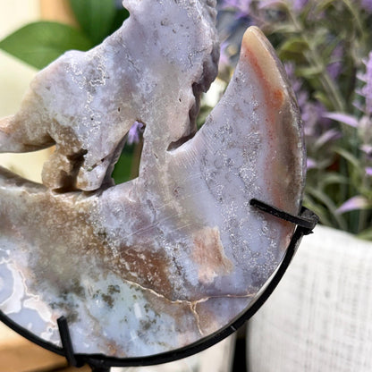 Sea Jasper Howling Wolf on Stand | Crystal Wolf Carving | Crystal Moon | Colorful Agate