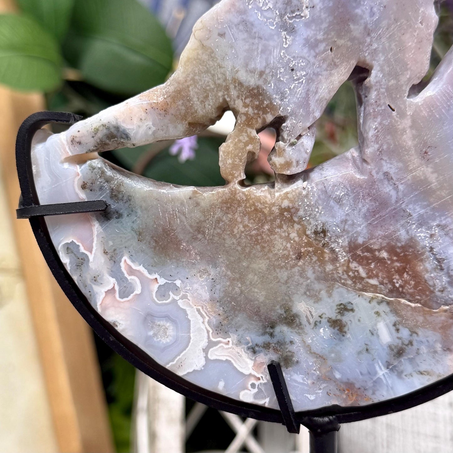 Sea Jasper Howling Wolf on Stand | Crystal Wolf Carving | Crystal Moon | Colorful Agate
