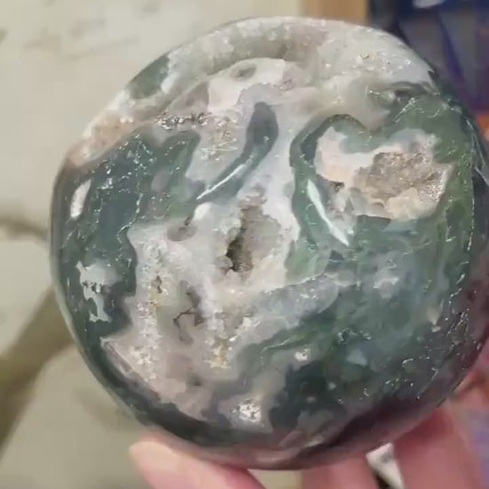 Large Druzy Moss Agate Sphere from India | Blue Moss Agate Sphere