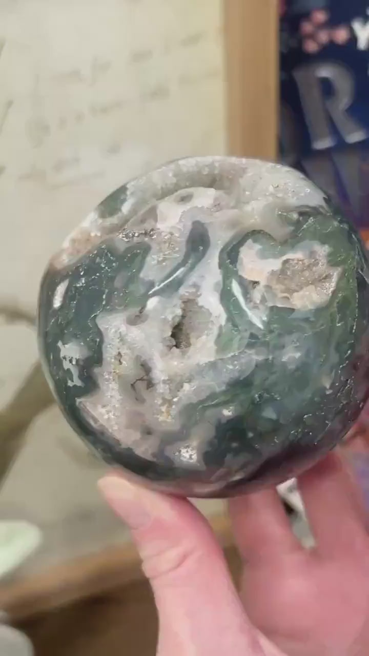 Large Druzy Moss Agate Sphere from India | Blue Moss Agate Sphere