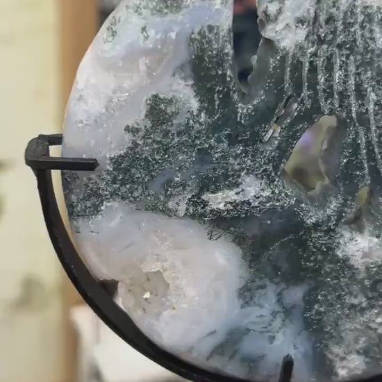 Druzy Moss Agate Howling Wolf on Stand | Crystal Wolf Carving | Crystal Moon | Blue Moss Agate
