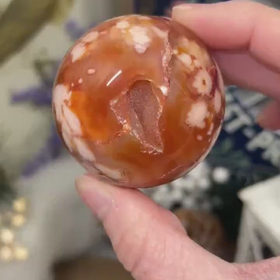 Gorgeous Carnelian Flower Agate Sphere with Druzy | Druzy Carnelian Sphere