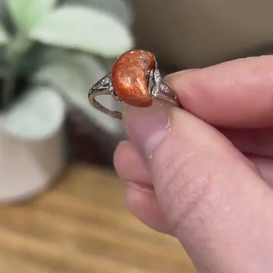 High Quality Sunstone Ring | Adjustable Crystal Ring | Crescent Moon Ring