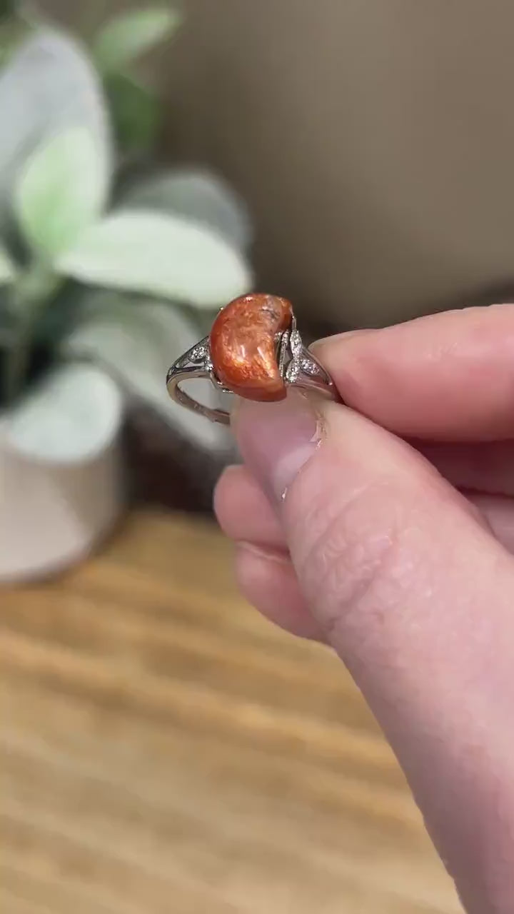 High Quality Sunstone Ring | Adjustable Crystal Ring | Crescent Moon Ring