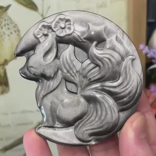 Silver Obsidian Fox Carving with Stand | Silver Sheen Obsidian | Crystal Fox | Crystal Kitsune