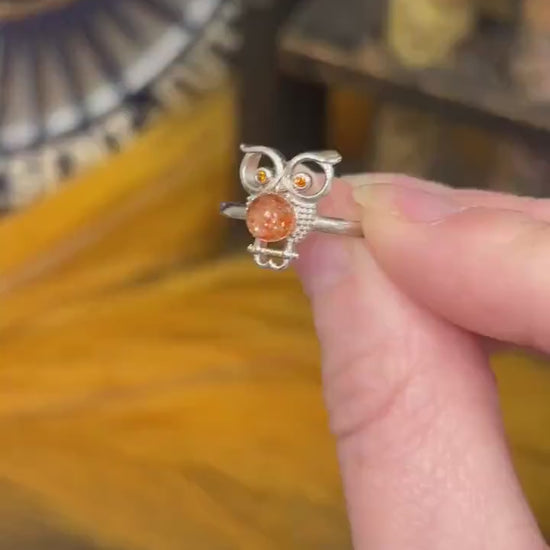 High Quality Sunstone Ring | Adjustable Crystal Ring | Owl Ring