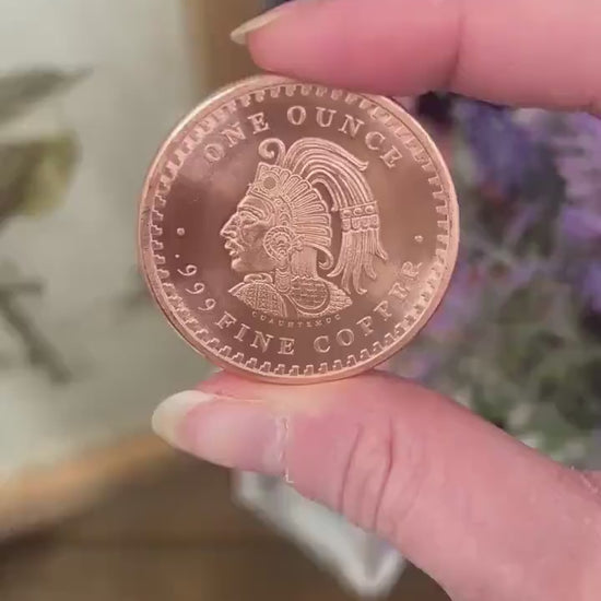 Aztec Calendar Copper Round | One Ounce Copper Coin | Fine Copper Bullion | Copper Carving