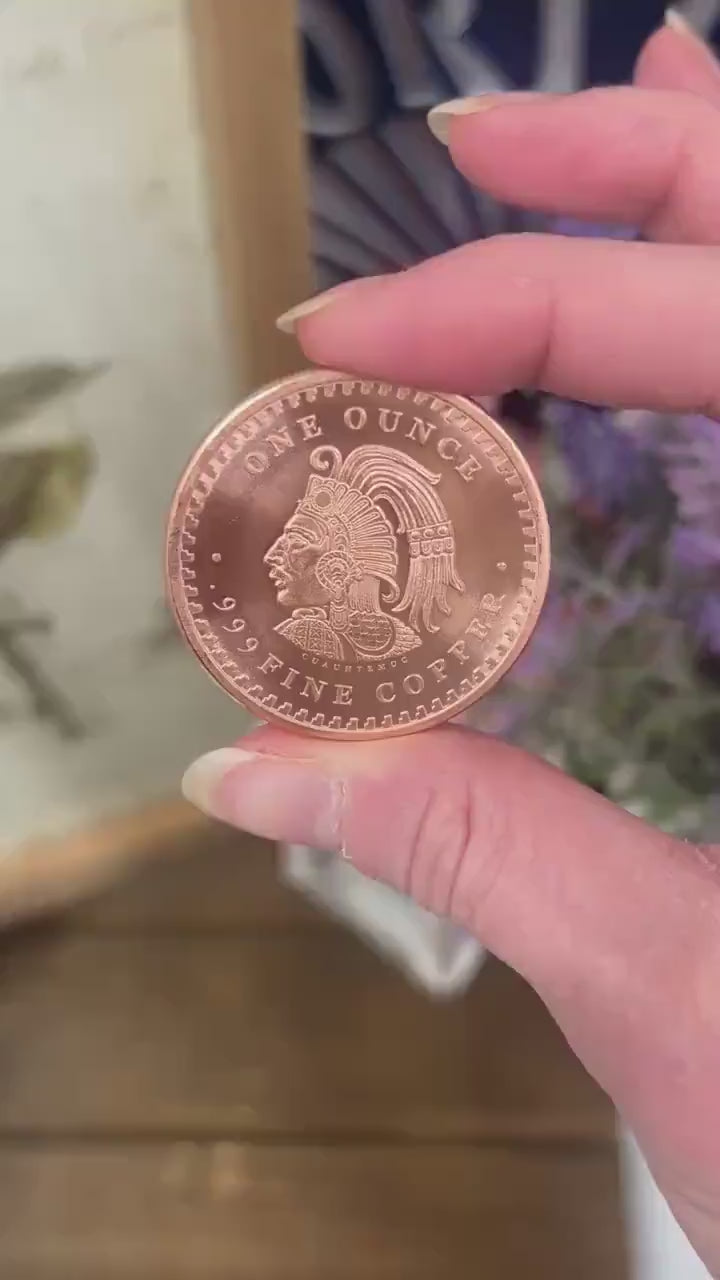 Aztec Calendar Copper Round | One Ounce Copper Coin | Fine Copper Bullion | Copper Carving