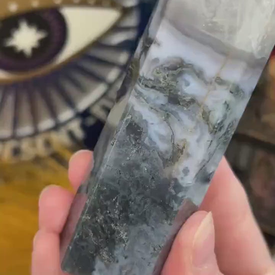 Blue Moss Agate Tower with Quartz | Blue Chalcedony