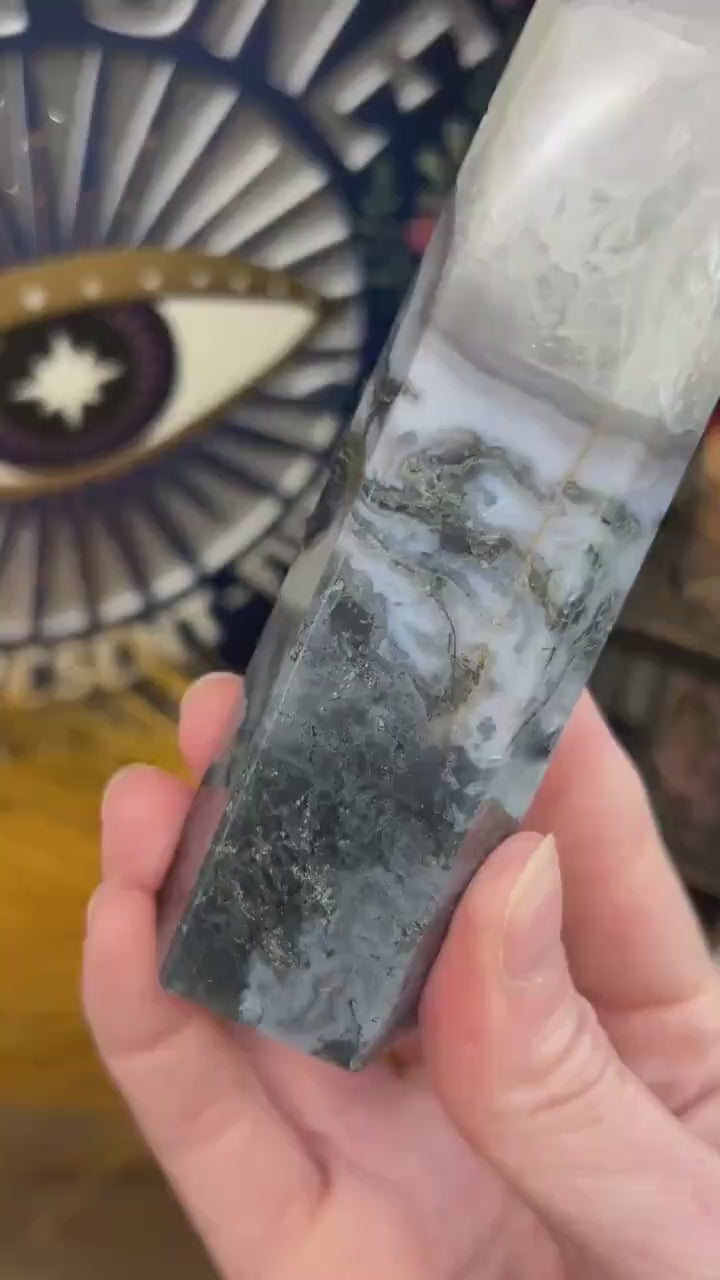 Blue Moss Agate Tower with Quartz | Blue Chalcedony