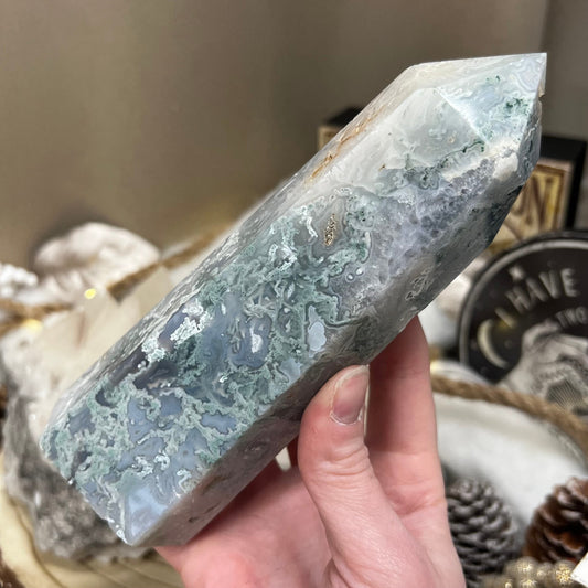 Large Moss Agate Tower with Druzy | Unique Moss Agate