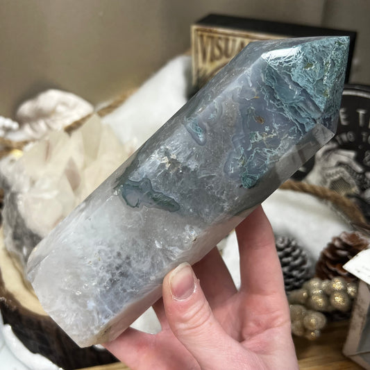 Large Moss Agate Tower with Quartz | Unique Moss Agate | Druzy Moss Agate