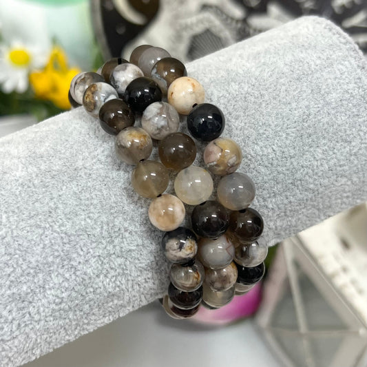 Black Flower Agate Bracelet | Crystal Stretch Bracelet | Crystal Jewelry | 8mm Crystal Bracelet